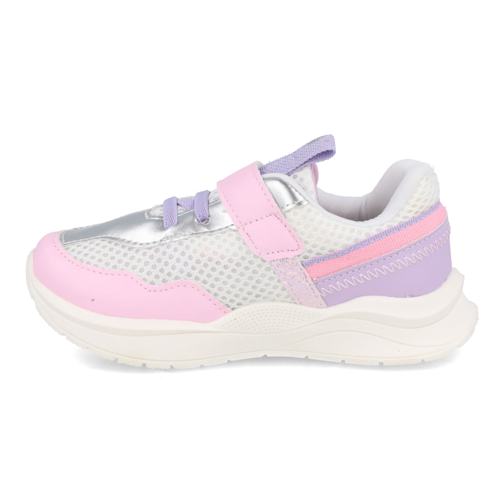 Tênis infantil feminino Funfeet branco com detalhes rosa e lilás vista lateral esquerda